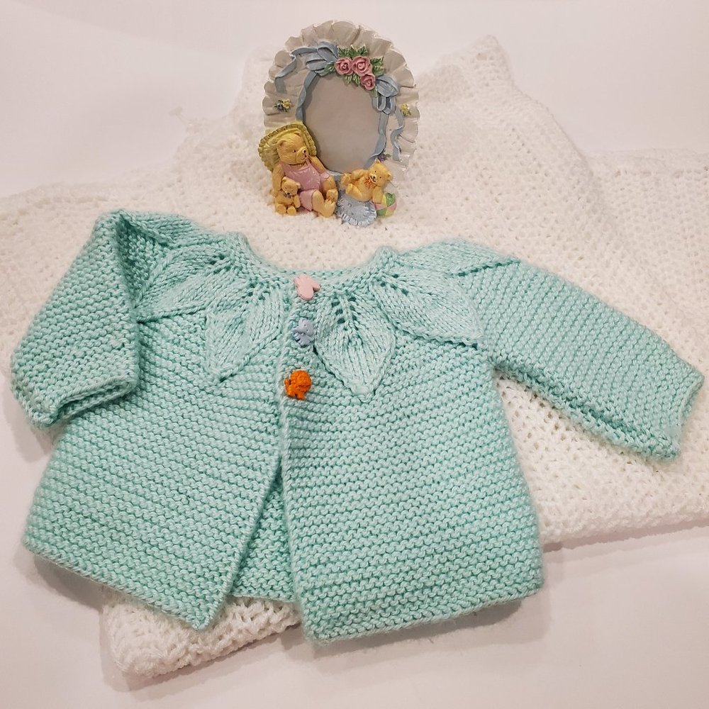Baby Bundle 3pc. | Handmade White Blanket & Light Green Cardi & Ceramic Frame